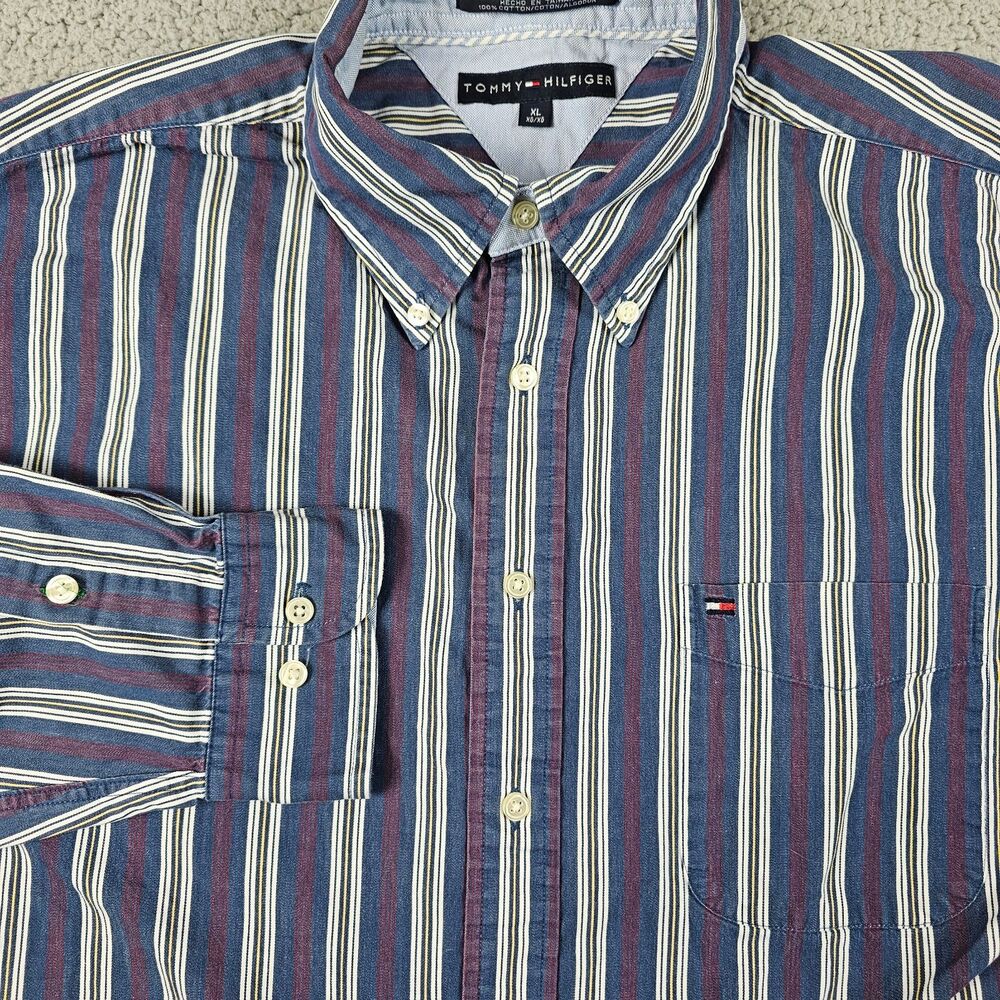 Tommy Hilfiger Shirt Mens XL Blue Striped Y2K Vintage Long Sleeve Flag Logo